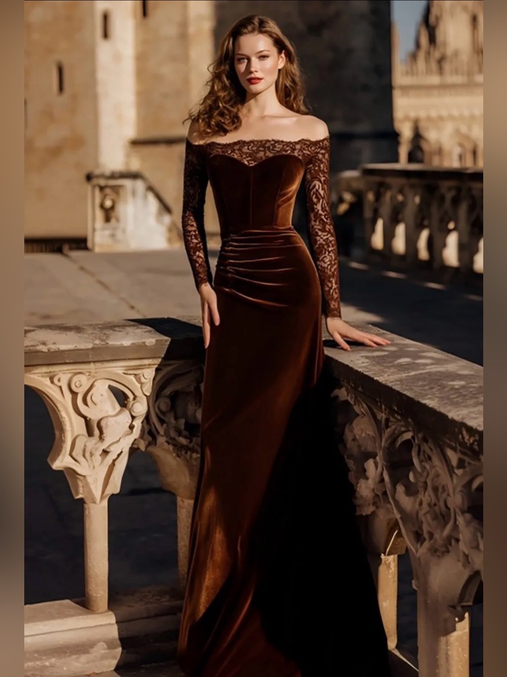 Brown Velvet Off Shoulder Mermaid Gown with Lace Sleeves Size 16W